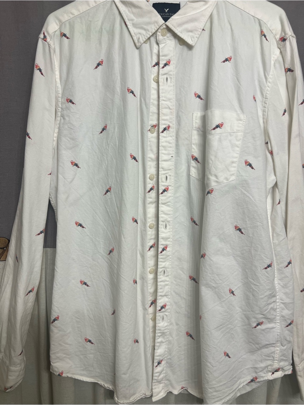 American Eagle men’s size, large parrot, design long sleeve button up shirt